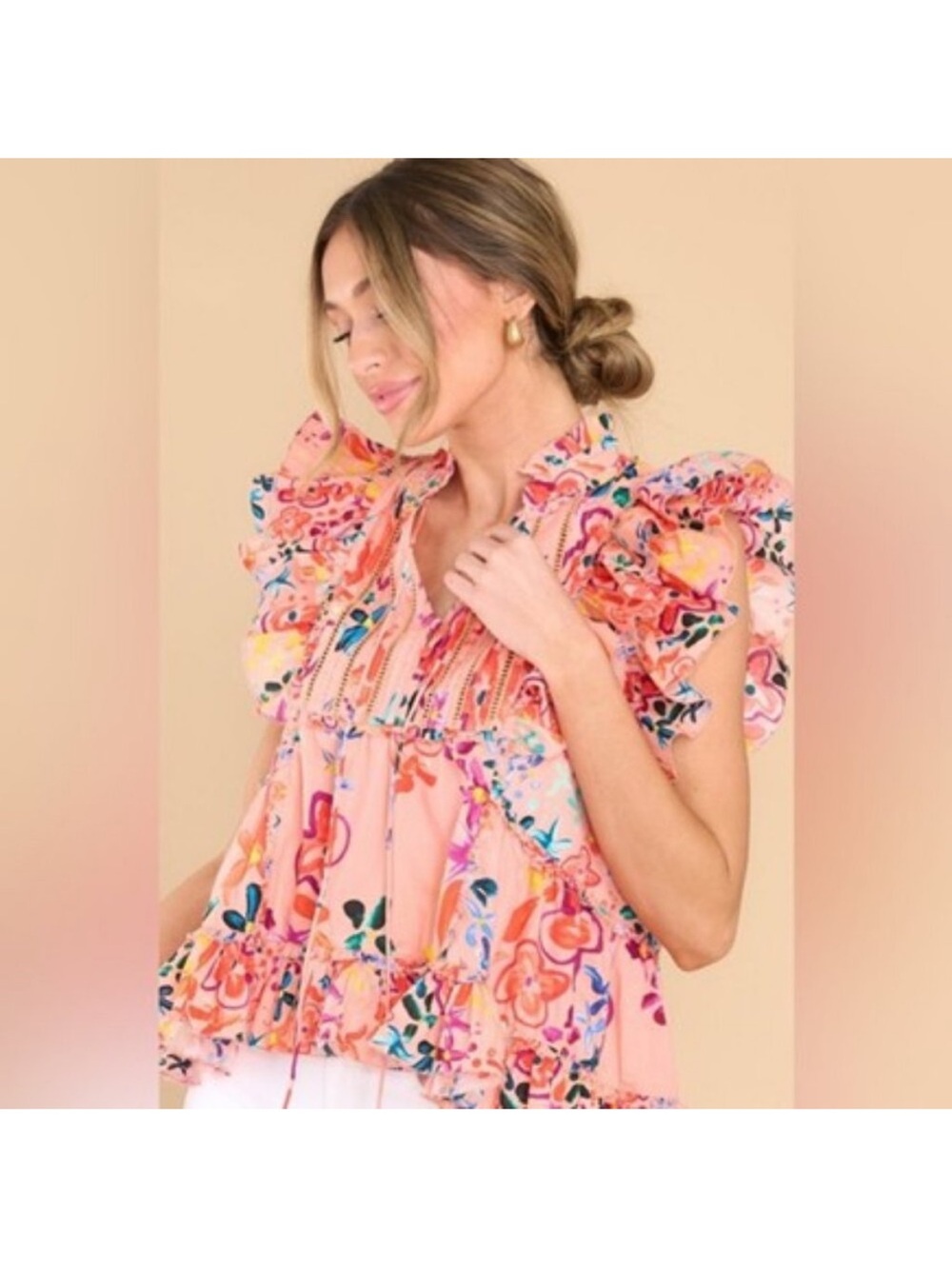 Alivia Tina Rainbow Floral Pink Sand Top Flutter Sleeve Ruffle V-Neck Peasant